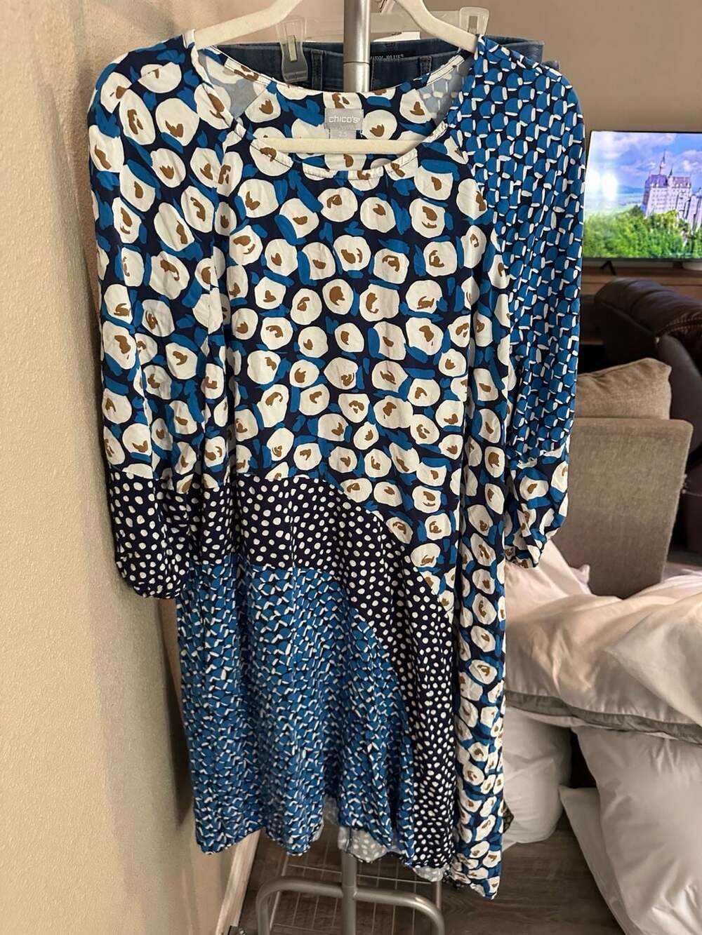 Chico's Blue Multi-Pattern Floral Polka Dot Mixed Media Dress